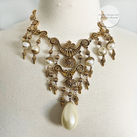 Baroque Faux Pearl Necklace Gilt Scroll Chain by Stephanie Lake Design Vintage - Picture 2 of 9